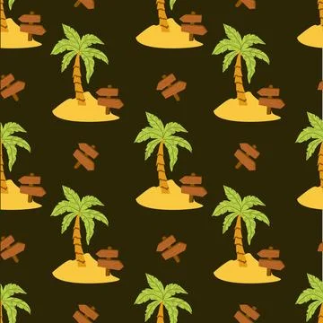 Seamless tropical island pattern with palm trees and wooden signs on sandy 库存插图