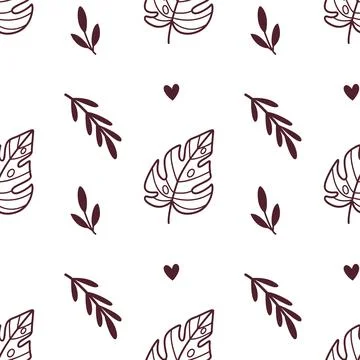 Seamless Tropical Leaf Doodle Pattern with Hearts and Branches. Great for Illustrazione stock