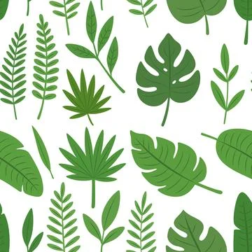 Seamless tropical leaf pattern with assorted green foliage. Botanical background Stock Illustration