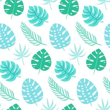 Seamless tropical leaf pattern in teal on white Stock Illustration