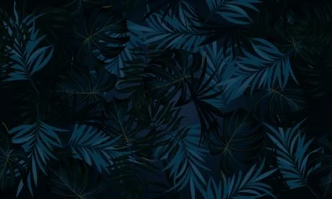 Seamless tropical leaves pattern in dark blue tones. vintage nature background. Stock Illustration