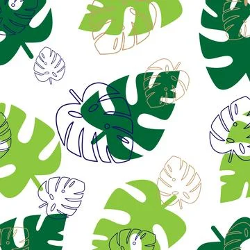 Seamless Tropical Monstera Leaf Pattern with Botanical Background Stock Illustration