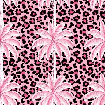 Seamless tropical palm pattern with bold pink leopard print background Stock Illustration