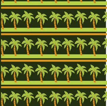 Seamless tropical palm tree pattern with green orange stripes Stock Illustration