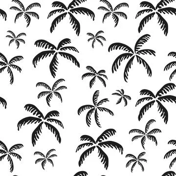 Seamless tropical pattern with black palm trees on white background. Ideal .. Illustrazione stock