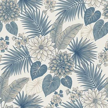 Seamless Tropical Pattern with Blue Palm Leaves and White Flowers. Stock Illustration