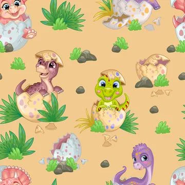 Seamless tropical pattern with cute brontosaurus in egg vector Stock Illustration