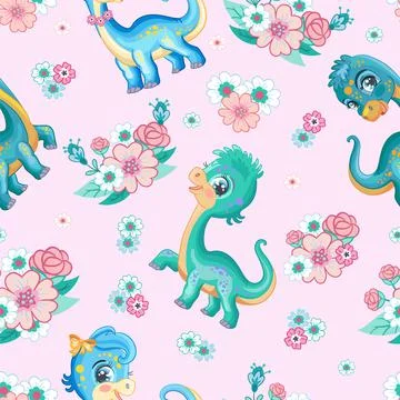 Seamless tropical pattern with cute diplodocus vector Stock Illustration
