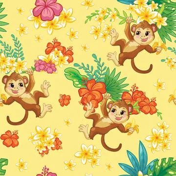 Seamless tropical pattern with cute monkey vector Illustrazione stock