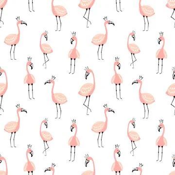 Seamless tropical pattern with cute pink flamingos. Vector summer hand-drawn  Illustrazione stock