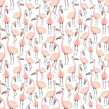 Seamless tropical pattern with cute pink flamingos in the crown. Vector summe Illustrazione stock