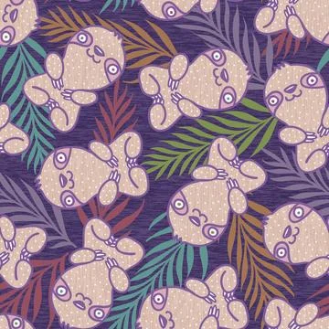 Seamless tropical pattern with cute sloth and palm leaves. Pattern with slo.. Stock Illustration