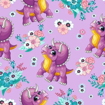 Seamless tropical pattern with cute triceratops vector Stock Illustration
