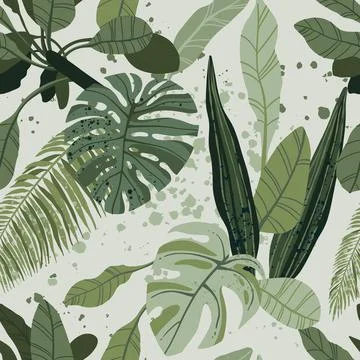 Seamless tropical pattern with exotic palm leaves and various plants on light Stock Illustration