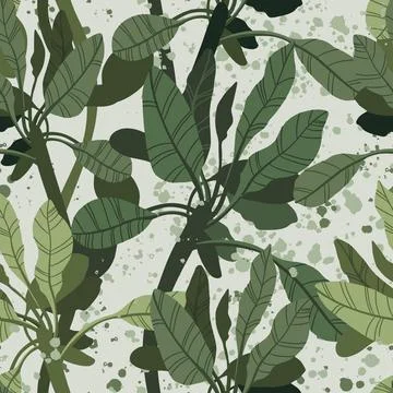 Seamless tropical pattern with exotic palm leaves and various plants on light Stock Illustration
