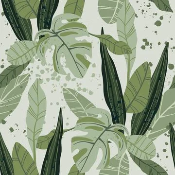 Seamless tropical pattern with exotic palm leaves and various plants on light Stock Illustration