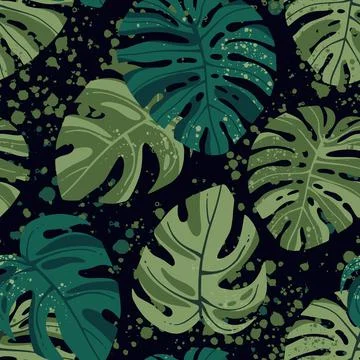 Seamless tropical pattern with exotic palm leaves and various plants on dark 库存插图