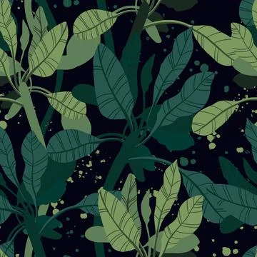 Seamless tropical pattern with exotic palm leaves and various plants on dark Stock Illustration