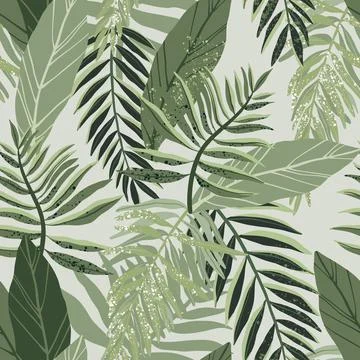 Seamless tropical pattern with exotic palm leaves and various plants on light Stock Illustration