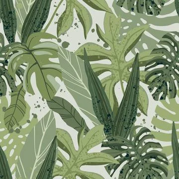 Seamless tropical pattern with exotic palm leaves and various plants on light Stock-Illustration