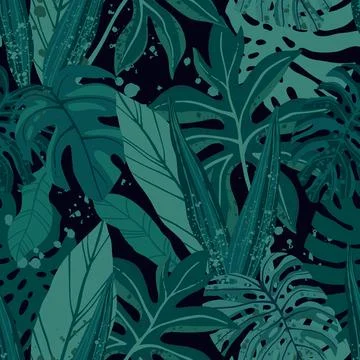Seamless tropical pattern with exotic palm leaves and various plants on dark Stock Illustration