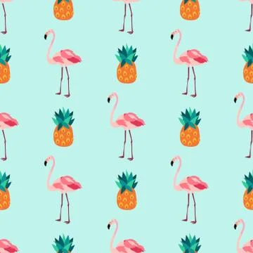 Seamless tropical pattern with flamingos, pineapples Stock Illustration