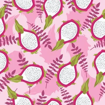 Seamless tropical pattern with fresh sliced dragon fruit and leaves Stock Illustration