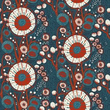 Seamless tropical pattern, gouache painted stylized plants, flowers and leaf Stock Illustration