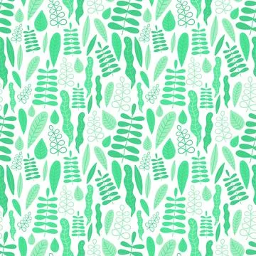 Seamless tropical pattern of green leaves. Hand-drawn exotic leaf illustratio Stock Illustration