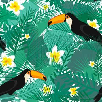 Seamless tropical pattern with green palm leaves, tukan and tropical flower.. Stock Illustration