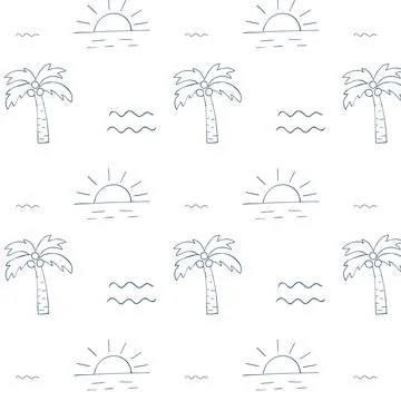 Seamless tropical pattern with hand drawn palm trees sun and waves in minim.. Stock Illustration