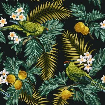 Seamless tropical pattern with leaves, flowers and parrots. Illustrazione stock