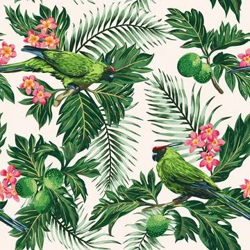 Seamless tropical pattern with leaves, flowers and parrots. Illustrazione stock