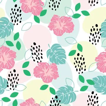 Seamless tropical pattern with leaves, hibiscus, cheetah prints, geometric sh Stock Illustration