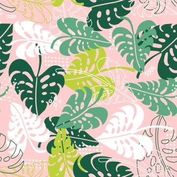 Seamless tropical pattern. Leaves of palm tree Monstera illustration. Bright  Stock Illustration