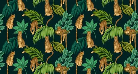 Seamless tropical pattern with leopards and green palm leaves. Hand drawn summer Illustrazione stock