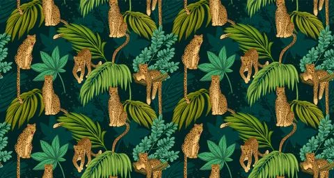 Seamless tropical pattern with leopards and green palm leaves. Hand drawn summer Illustrazione stock