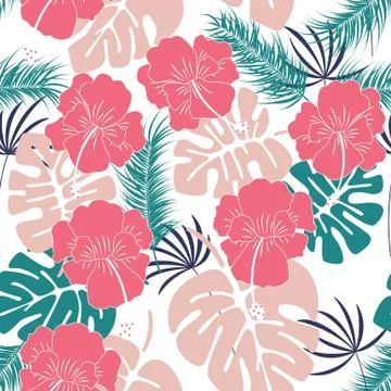 Seamless tropical pattern with monstera leaves and flowers Stock Illustration