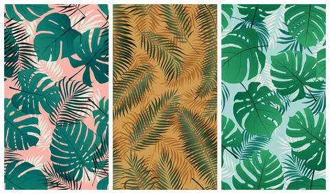 Seamless tropical pattern with monstera leaves and palm tree branches, set of Stock Illustration
