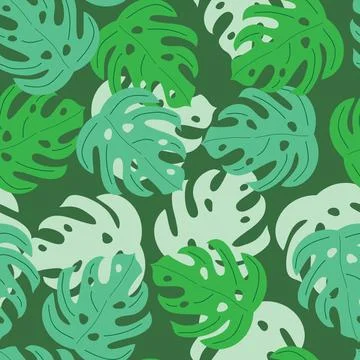 Seamless tropical pattern with monstera leaves on dark green background Stock Illustration