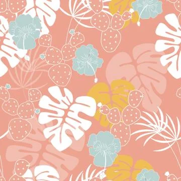 Seamless tropical pattern with monstera palm leaves, plants, flowers and cactus Stock Illustration