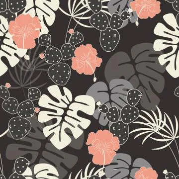 Seamless tropical pattern with monstera palm leaves, plants and cactus Stock Illustration