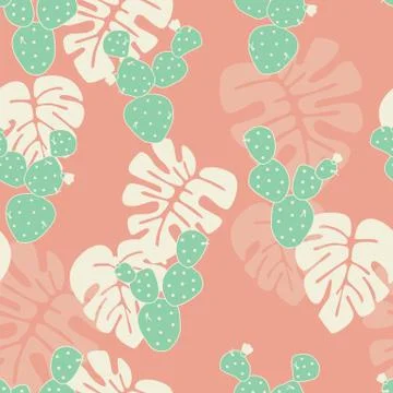Seamless tropical pattern with monstera palm leaves, and cactus Stock Illustration
