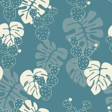 Seamless tropical pattern with monstera palm leaves, and cactus Stock Illustration