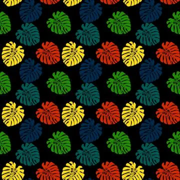 Seamless tropical pattern of monstera palm leaves on a black background. Mod Illustrazione stock