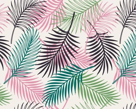 Seamless tropical pattern with overlapping palm leaves. Vibrant mix of pink Stock Illustration