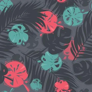 Seamless tropical pattern with palm and monstera leaves Stock Illustration