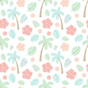 Seamless tropical pattern with palm, leaves, monstera, hibiscus. Vector summe Illustrazione stock
