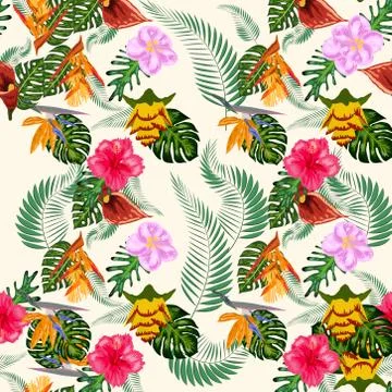Seamless tropical pattern with palm, monstera leaves and many flowers of hibi イラスト素材