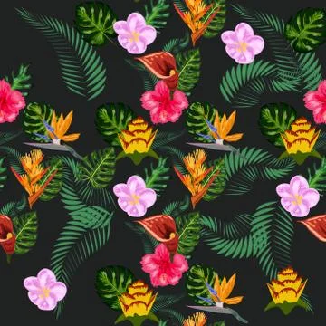 Seamless tropical pattern with palm, monstera leaves and many flowers of hibi Stock-Illustration